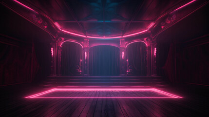 Empty burlesque stage or podium for dance with glowing neon light at dark. Copy space. Luxury vintage retro design. Generative AI - obrazy, fototapety, plakaty