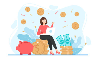 Characters save money and investing management financial. Calculating and analyzing personal or corporate budget, managing financial income. Vector illustration