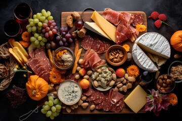 flat lay of gourmet cheese platter and charcuterie items