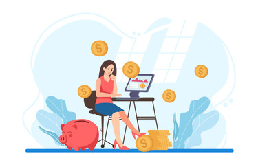 Characters save money and investing management financial. Calculating and analyzing personal or corporate budget, managing financial income. Vector illustration