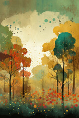 Watercolor illustration of early autumn in the forest