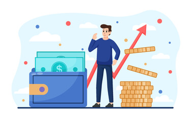 Characters save money and investing management financial. Calculating and analyzing personal or corporate budget, managing financial income. Vector illustration
