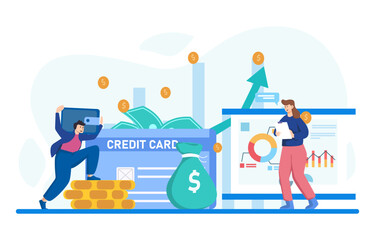 Characters save money and investing management financial. Calculating and analyzing personal or corporate budget, managing financial income. Vector illustration
