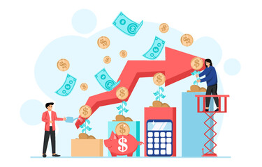 Obraz na płótnie Canvas Characters save money and investing management financial. Calculating and analyzing personal or corporate budget, managing financial income. Vector illustration