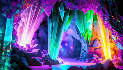 A vast underground crystal cave filled with giant, luminescent crystals in various colors, casting an ethereal glow on the surroundings