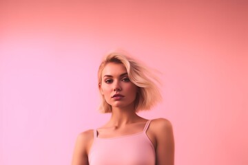 Lean Blonde Beauty: Mesmerizing Gaze Against Pink Background. Elegance and Fitness Unite. Radiating Confidence and Attraction. Graceful Strength in a Captivating Scene. Generative Ai