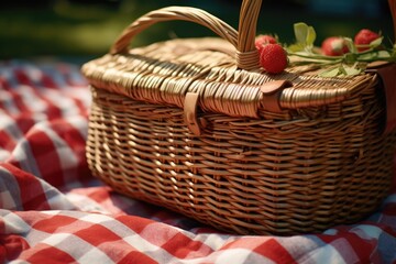 close-up of a woven picnic basket with a checkered cloth
