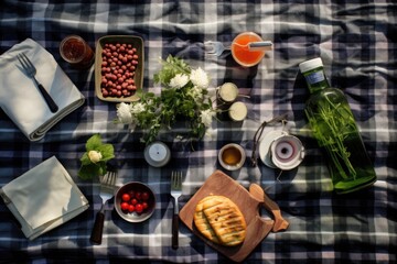Obraz na płótnie Canvas flat lay of picnic essentials on a blanket