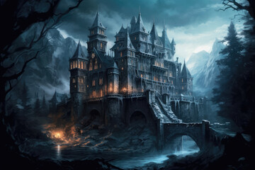 Dark Castle Evil House in the Night Forest with Trees and Rocks extreme closeup. Generative AI