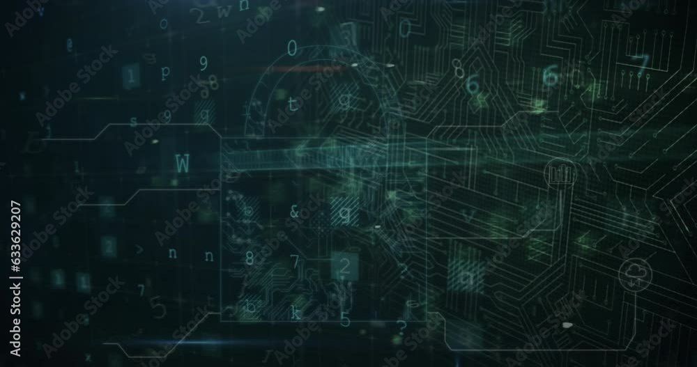 Poster animation of multiple texts, letters, numbers, symbols over circuit board pattern in padlock