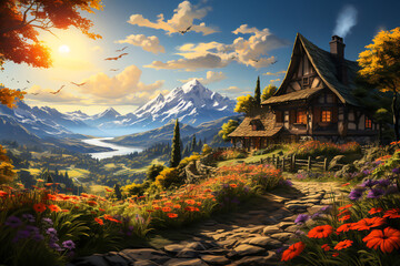 Fototapeta premium Cottage on the hill, fantasy landscape. Generative ai.