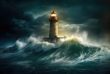 Fototapeta na wymiar Lighthouse in a Big Waves Stormy Sea or Ocean and Dark Clouds Sky. Generative AI