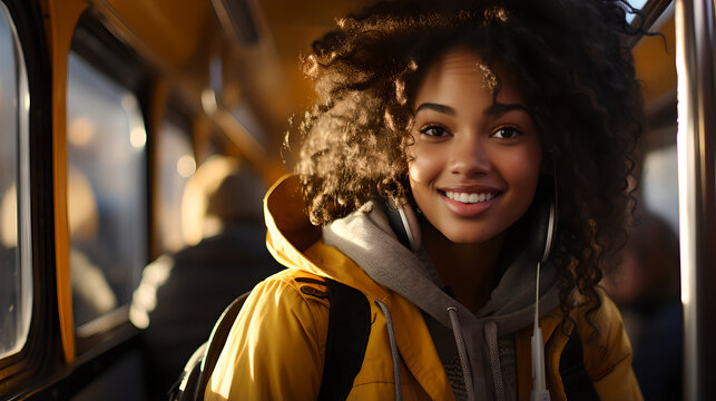 Portrait Of Joyful Female Student Boarding A Yellow School Bus. A Beaming Female Student, Full Of Excitement And Anticipation, Stepping Onto A Vibrant Yellow School Bus