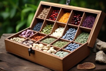 diverse heritage seeds in a wooden seed box