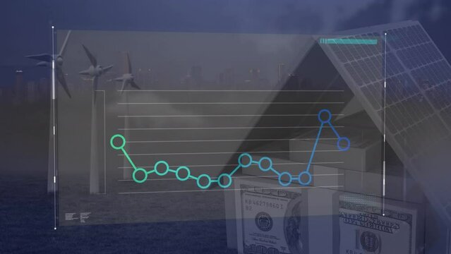 Animation of graphs over 100 dollar bills bundle, solar panels and windmills on land