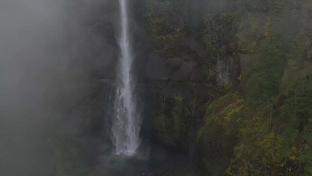 Aerial view of Multnomah Falls on a very foggy afternoon