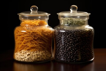 glass storage jars filled with grains and pastas