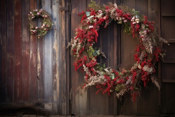 festive wreath hanging on a rustic wooden door - Powered by Adobe