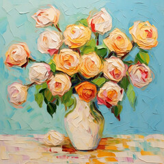 Obraz na płótnie Canvas This exquisite artwork portrays a captivating arrangement of seven vibrant roses gracefully nestled within a pristine white glass vase. 