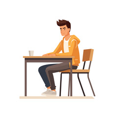 student sitting behind school desk vector flat isolated illustration