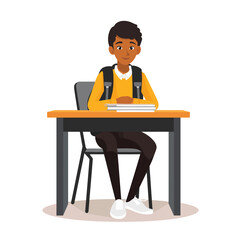 student sitting behind school desk vector flat isolated illustration