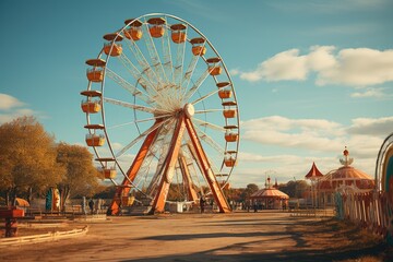 Colorful ferris wheel of the amusement park in the blue sky background. Leisure and entertainment concept. Vacation time - obrazy, fototapety, plakaty