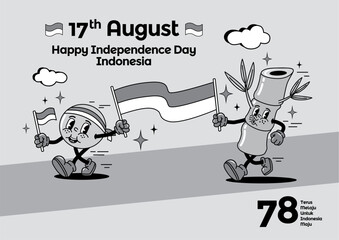 vintage groovy characters. Happy Independence Day Indonesia concept