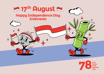 vintage groovy characters. Happy Independence Day Indonesia concept