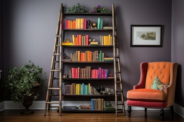 antique ladder bookshelf with books aligned by color