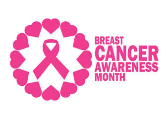 Breast cancer awareness month. Poster pink ribbon, text and heart shapes. Isolated on white vector illustration