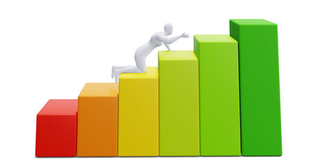 3d Man Figure with Colorful Statistic Growth Bar. Grow Up Bussiness concept.
