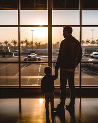 Silhouettes of a father and son standing by an expansive airport window, their figures outlined by the backdrop of departing and arriving planes, capturing a cherished scene of departure or reunion - obrazy, fototapety, plakaty