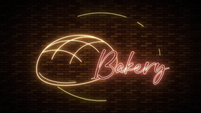 Bakery shop sign banner with neon lights on brick wall background and bread icon.