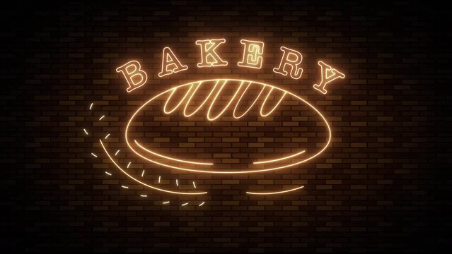 Bakery shop sign banner with neon lights on brick wall background and bread icon.