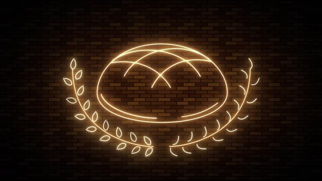 Bread icon on Bakery shop sign banner neon light on brick wall background