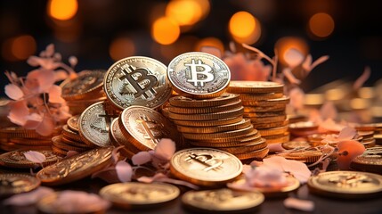 Stack of bitcoin coins. Save money. Investment theme