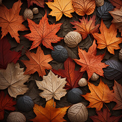 autumn leaves on red, background from glue leaves, AI generator
