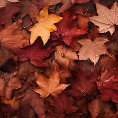 Naklejka na ściany i meble autumn leaves on red, background from glue leaves, AI generator 