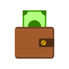 Brown leather money wallet with green banknote business icon flat vector design