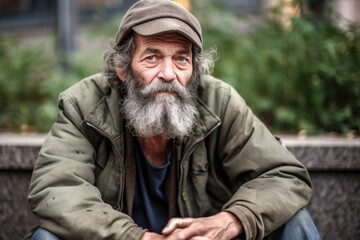 portrait of an unrecognizable homeless man sitting outside