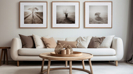 Fototapeta na wymiar Round wooden coffee table near white sofa against frames on wall