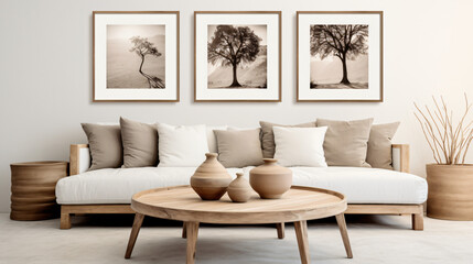 Round wooden coffee table near white sofa against frames on wall