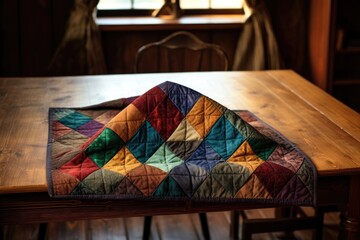 patchwork quilt folded on a wooden table - obrazy, fototapety, plakaty