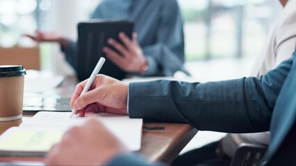 Business meeting, people hands and writing ideas, planning schedule or company agenda, priority or project goals. Professional employee or worker with notebook for brainstorming notes or job reminder