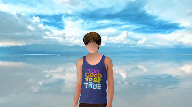 A young man stands in front of the beautiful view of the mirror of the sky, wearing a tank top with the words too good to be true
