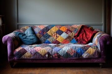 vintage fabric patchwork quilt draped on sofa