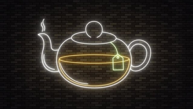 Tea pot icon on tea shop and cafe sign banner neon light on brick wall background