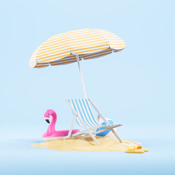 Beach umbrella with sun loungers and inflatable flamingos. The concept of travel or vacation at sea. 3d rendering