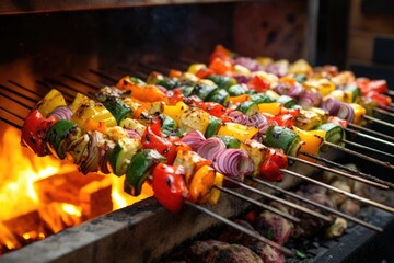 skewers with colorful veggies roasting on a grill