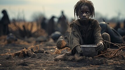Images highlighting the stark reality of child hunger, emphasizing the pressing need for global nutritional support and intervention. 'generative AI'  - obrazy, fototapety, plakaty